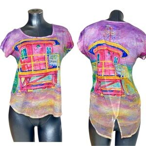 Leoma Lovegrove Colorful Beach Lifeguard Graphic Tee Top Burnout Coastal Medium